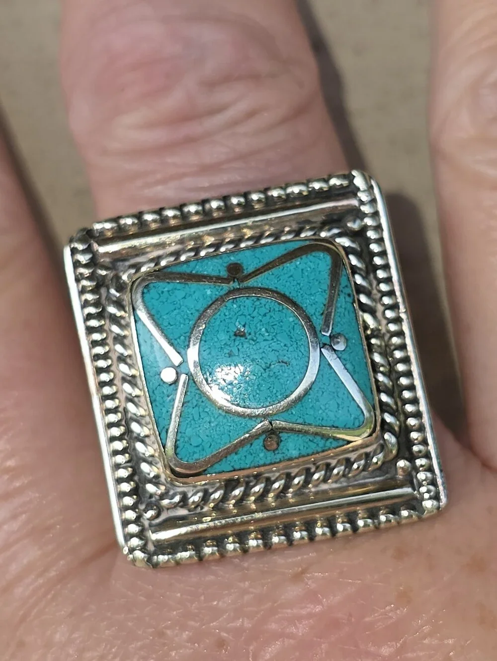 Tibetan Turquoise Square-Shaped Gemstone Ring (Adjustable)